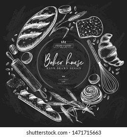 Bakery set. Hand drawn bread, loaf, croissant, pretzel, macaron, pie, baguette. Wheatl flour pastry. Chalkboard vector engraved banner. For restaurant and cafe menu, baker shop pasty sweets
