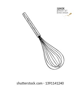 Bakery set. Hand drawn isolated metal whisk. Kitchen tools. Vector engraved icon. For restaurant and cafe menu, baker shop, bread, pasty, sweets. Design template.