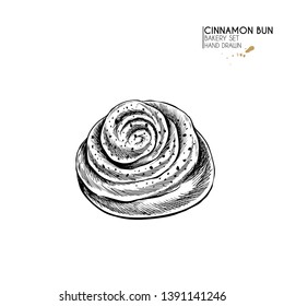 Bakery set. Hand drawn isolated cinnamon bun. Breakfast traditional french bakery. Vector engraved icon. For restaurant and cafe menu, baker shop, bread, pasty, sweets. Design template.