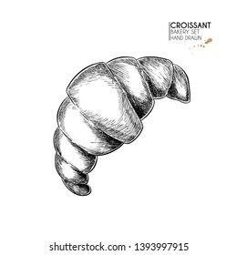 Bakery set. Hand drawn isolated croissant. Breakfast traditional french bakery. Vector engraved icon. For restaurant and cafe menu, baker shop, bread, pasty, sweets. Design template.