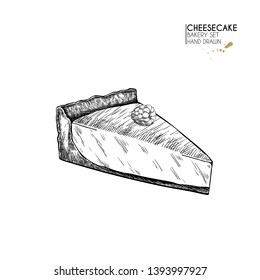 Bakery set. Hand drawn isolated slice of cheesecake. Traditional sweet bakery. Vector engraved icon. For restaurant and cafe menu, baker shop, bread, pasty, desserts, sweets. Design template.