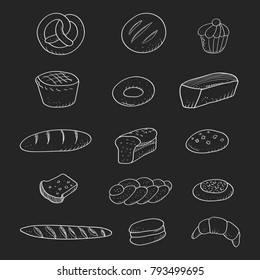 Bakery set hand drawn pastry baguette cookies vector illustration