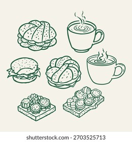 Conjunto de panadería dibujado a mano Sketch estilo de moda. Icono de garabatos de panadería en estilo de boceto de carbón o tiza para un cumpleaños, fiesta, diseño. Ilustración vectorial de postre dulce para diseño de menú y aniversario.