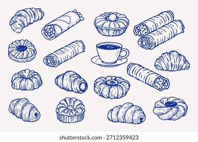 Conjunto de panadería dibujado a mano Sketch estilo de moda. Icono de garabatos de panadería en estilo de boceto de carbón o tiza para un cumpleaños, fiesta, diseño. Ilustración vectorial de postre dulce para diseño de menú y aniversario.