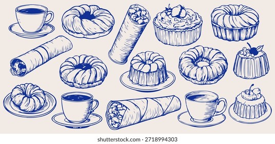 Conjunto de panadería dibujado a mano Sketch estilo de moda. Icono de garabatos de panadería en estilo de boceto de carbón o tiza para un cumpleaños, fiesta, diseño. Ilustración vectorial de postre dulce para diseño de menú y aniversario.	