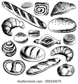 Bakery set hand drawn in vintage style. Vector illustration.