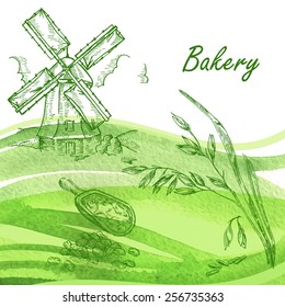 Bakery set. Hand drawn windmill, oats, grain with watercolor background