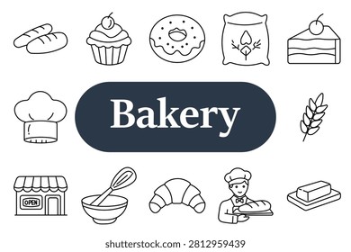 Bakery set icon. Bread, cupcake, donut, cake slice, wheat, bakery shop, whisk, croissant, baker, butter, pastry production, homemade dessert, confectionery kitchen, fresh baking
