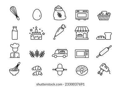 Bakery set icon. Contains element of bakery icon, whisk, oven, baker, bread, hand mixer and more. line icon style design. Simple vector design editable