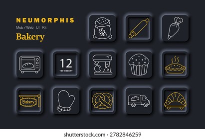Bakery set icon. Flour, rollingpin, bag, oven, mixer, cupcake, pie, sign, mitt, pretzel, truck, croissant, bread, pastry, baking, food.