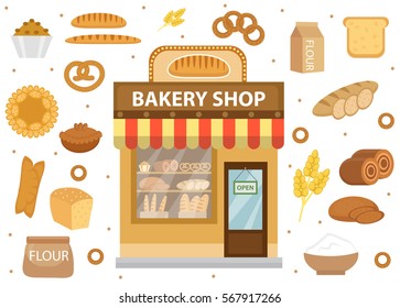 Bakery set icons with bread shop building, roll, loaf, cakes, bagels, loaf. Isolated on white background. Vector illustration