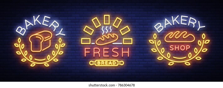 Bakery set logo, fresh bread, loaf. Vector illustration on bakery, baking, confectionery. Natural baking. Collection of neon signs, vibrant advertising, luminous symbol
