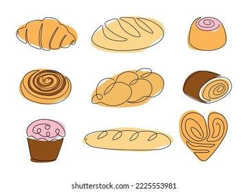 Bakery set. One line food, simple outline bread, muffin loaf and croissant. Wheat ear and loaf. Toast, baguette, bun contour flat icons. Vector isolated on white background illustration