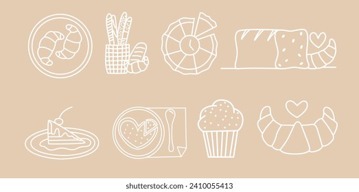 Bakery set outline icons. French pastries collection. Food illustration. 