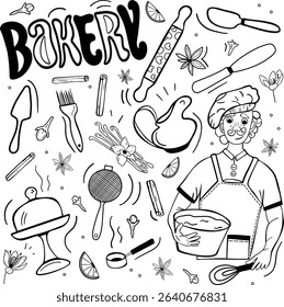 Bakery set, outline vector collection for menu, restaurant. Baking tools: jug. tray, mixer, spatula, spoons, sieve. Spices: anis, carnation, saffron, cinnamon, lemon. Isolated on white background.