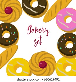Bakery set of pastry and donuts. Vector illustration.