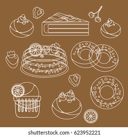 Bakery set of pastry with fruits around. White silhouette items om brown background