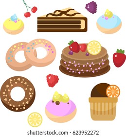 Bakery set of pastry with fruits around. Different baked sweets