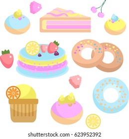 Bakery set of pastry with fruits around. Soft colored sweets