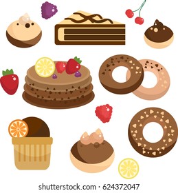 Bakery set of pastry with fruits around. Chocolate sweets