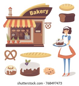 Bakery set with pastry store building, baked goods, girl baker or waitress character. Cartoon flat food. Vector isolated on white.