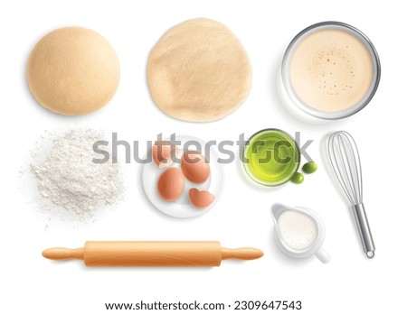 Bakery set with realistic top view images of essential ingredients and kitchen tools for cooking session vector illustration