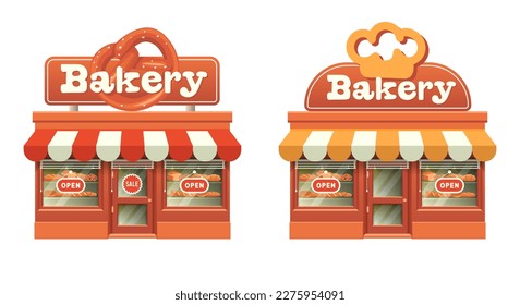 Bakery. Set of shops with pretzel signboard. Shop with showcases on which pastry are laid out.