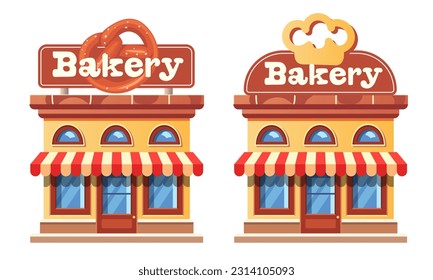 Bakery. Set of shops with pretzel signboard. Vector clipart.