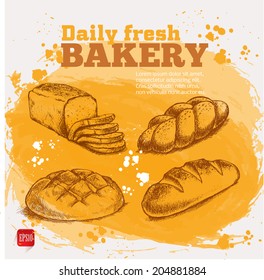 Bakery. Set sketches of fresh bread on yellow watercolor background
