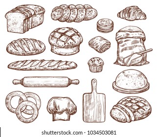 Bäckerei mit vielen Sorten frischem Brot. Patisserie Baguette, Croissant, Laib, Pfannkuchen, Knochen, Kuchen, Brot, Bagel. Auch Holzbrett, weißes Mehl und Walzstift.