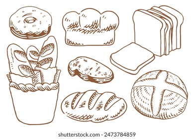 Bakery set with a lot of types fresh bread. Set of vintage hand drawn bakery elements.