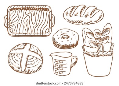 Bakery set with a lot of types fresh bread. Set of vintage hand drawn bakery elements.