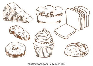 Bakery set with a lot of types fresh bread. Set of vintage hand drawn bakery elements.