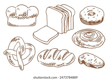 Bakery set with a lot of types fresh bread. Set of vintage hand drawn bakery elements.