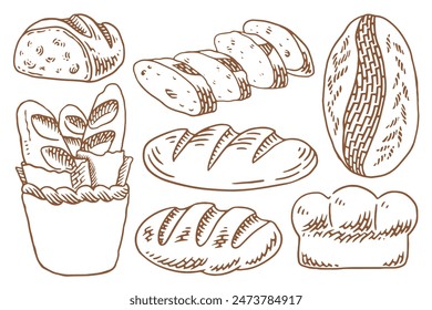 Bakery set with a lot of types fresh bread. Set of vintage hand drawn bakery elements.
