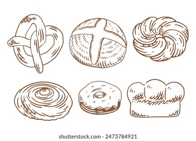 Bakery set with a lot of types fresh bread. Set of vintage hand drawn bakery elements.