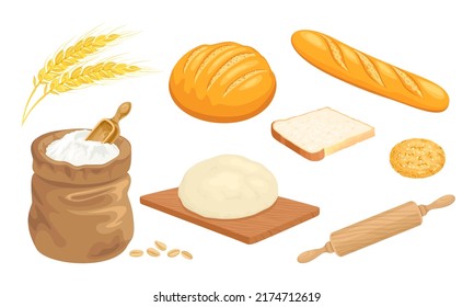 Bakery Set. Vector Bread, Flour In Sack, Wheat Ears, Grain, Raw Dough, Rolling Pin, Cookie, French Baguette And Toast Bread Slice. Cartoon Illustration.