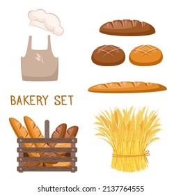 Bakery set vector illustration isolated on white background. Apron and chef's hat, bread, loaf of bread, baguette, bun, box, sheaf of wheat.