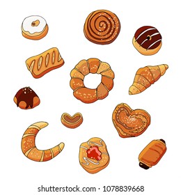 Bakery set of vector illustrations: croissant, bun, bagel, doughnut, donut, loaf, cookie.