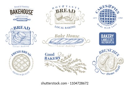 Bakery set of vector monochrome labels, badges, emblems. Hand drawn retro illustrations. Logo design templates. Can be use for menu, packaging.