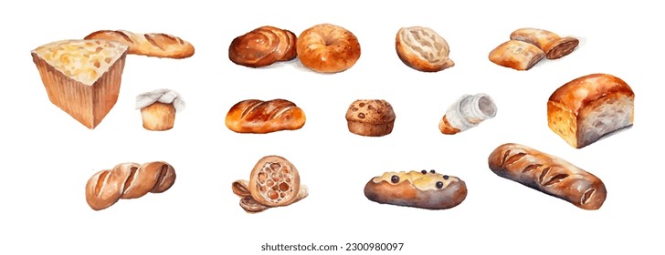 Bakery set watercolor, isolated on white background. Vector illustration