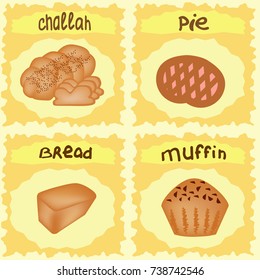 Bakery set at the yellow background with hand drawn words. Challah, Pie, Bread, muffin