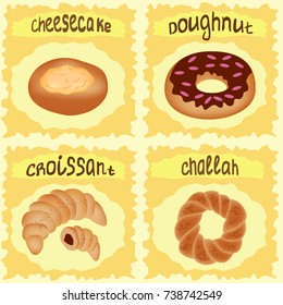 Bakery set at the yellow background with hand drawn words. Cheese Cake, Donut, Croissant, Challah