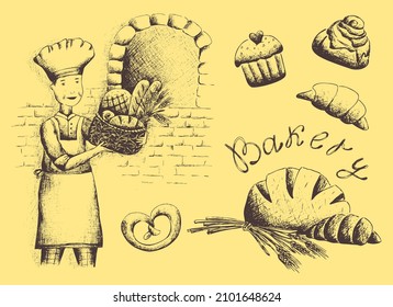 Bakery set.Hand drawn vector image baker, bread oven, fresh bread, buns. Eps horizontal vintage pattern for box, packaging, label, poster, banner, interior, menu, outdoor signage