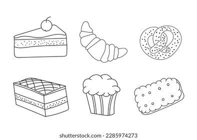 Bakery and shaped baking tools. Types of wheat, fresh bread flour. Sweets, cookies, donut, marshmallows, pizza, cakes, dessert, pastries. Hand drawn doodle. Vector illustration, eps 10.