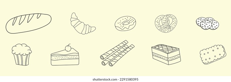 Bakery and shaped baking tools. Types of wheat, fresh bread flour. Sweets, cookies, donut, marshmallows, pizza, cakes, dessert, pastries. Hand drawn doodle. Vector illustration, eps 10.