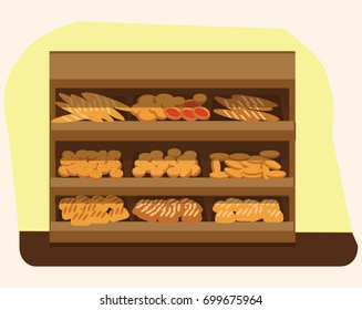 bakery shelf with bread in supermarket, big choice of fresh products sale in food shop interior, store vector illustration