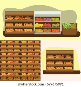 bakery shelf with bread in supermarket, big choice of fresh products sale in food shop interior, store vector illustration