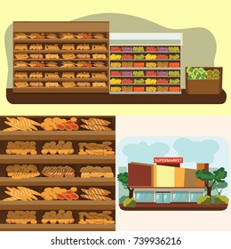bakery shelf with bread in supermarket, big choice of fresh products sale in food shop interior, store vector illustration