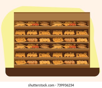 bakery shelf with bread in supermarket, big choice of fresh products sale in food shop interior, store vector illustration